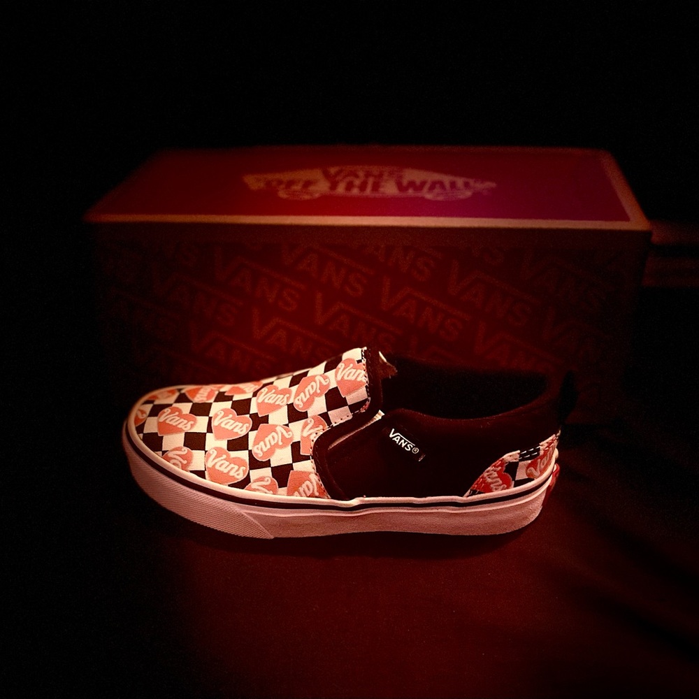 Vans Kids' Black & White Checkers w/ Pink Hearts Slip-On Sneakers